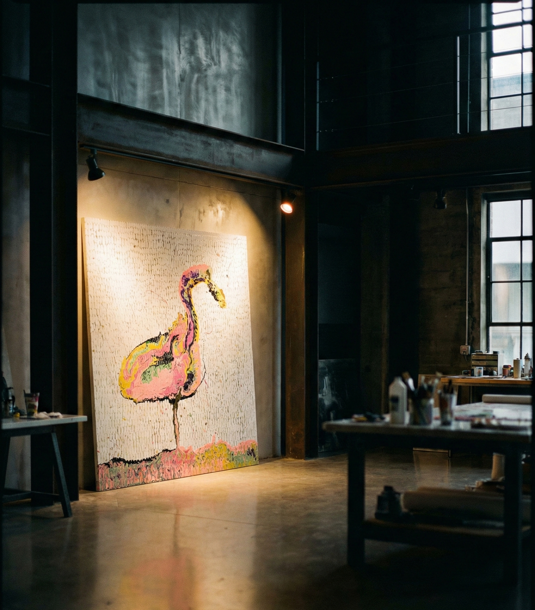 Ein Gemälde eines pinkfarbenen Flamingos hängt in einem dunklen Künstleratelier, beleuchtet von einer einzigen Lampe, mit Arbeitsmaterialien auf Tischen im Vordergrund.