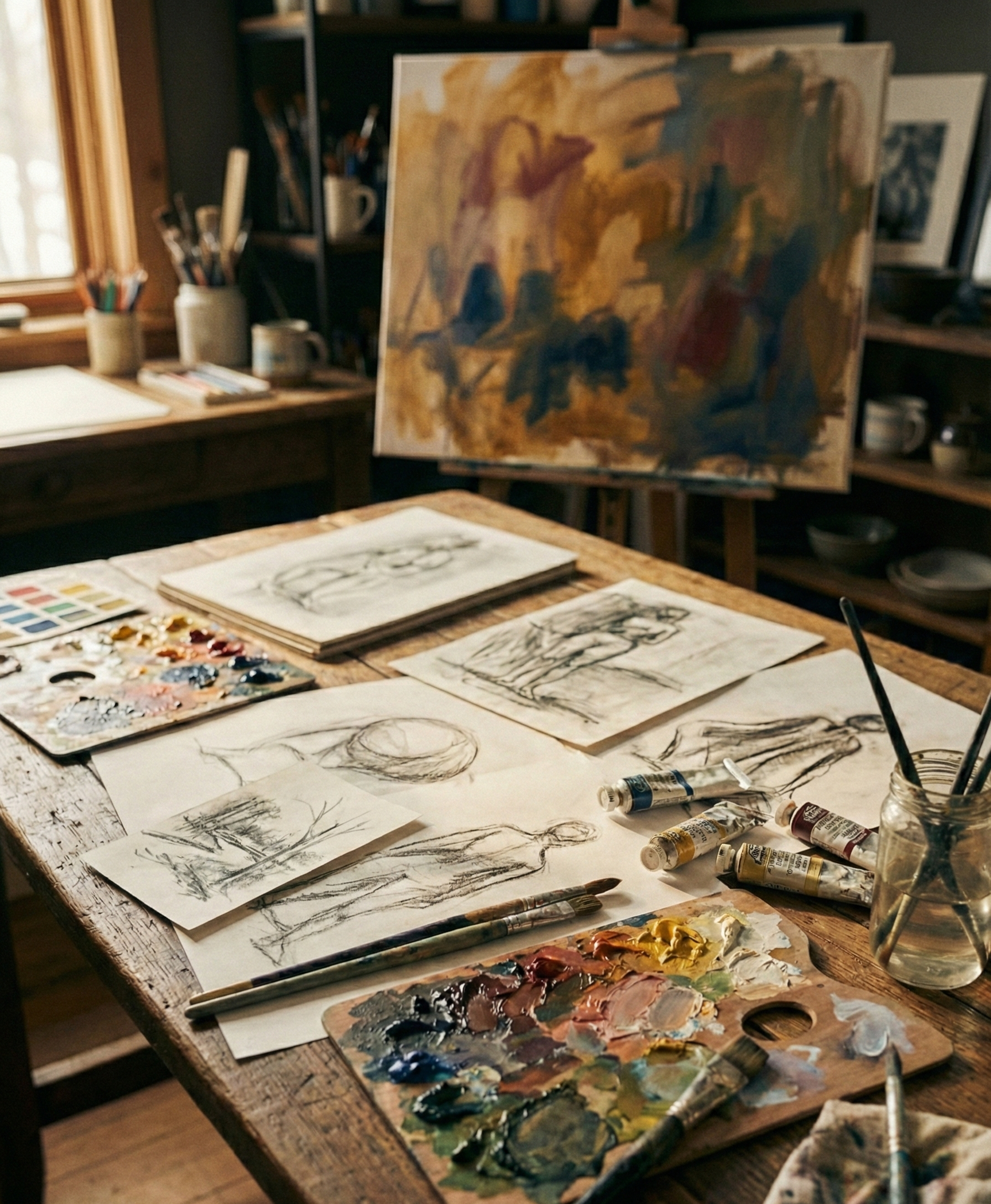 Ein Künstlerarbeitsbereich mit Skizzen, Malfarben, Pinseln und einem noch unvollendeten Gemälde auf einem Easel.