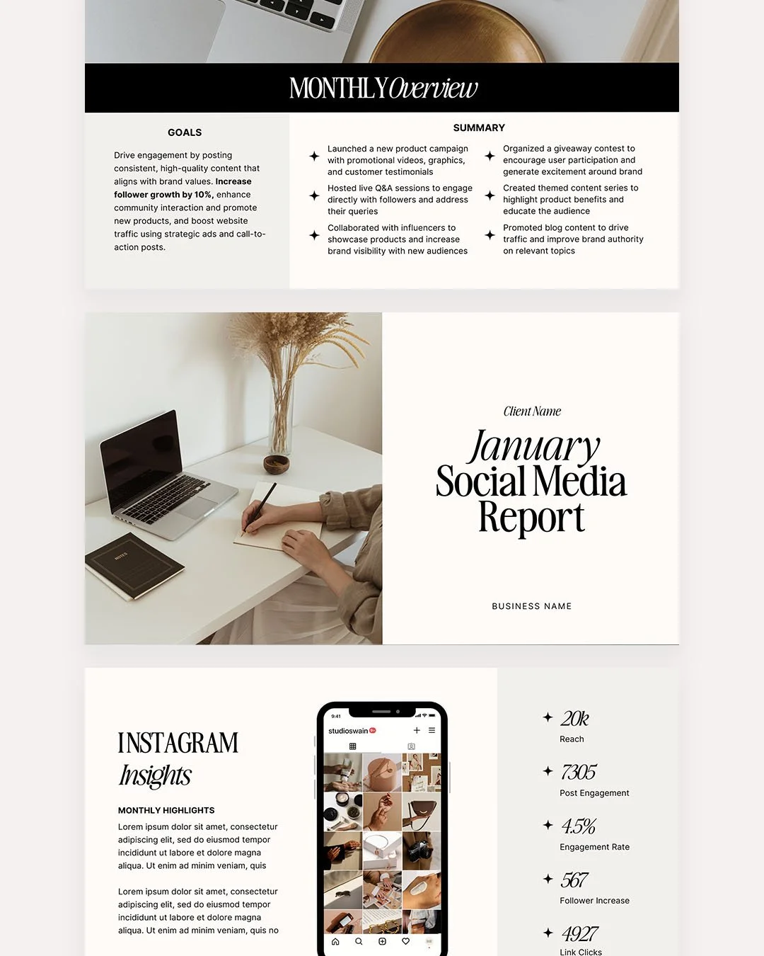 Social Media Report Template For Canva Neutral Edit
