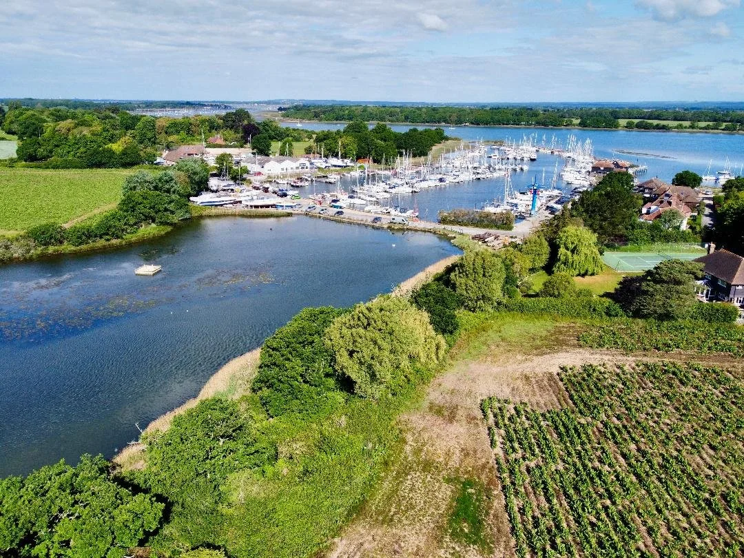 Aerial view of a marina with boats docked, a small lake in the foreground, green trees, farmland, and houses in the background under a partly cloudy sky.