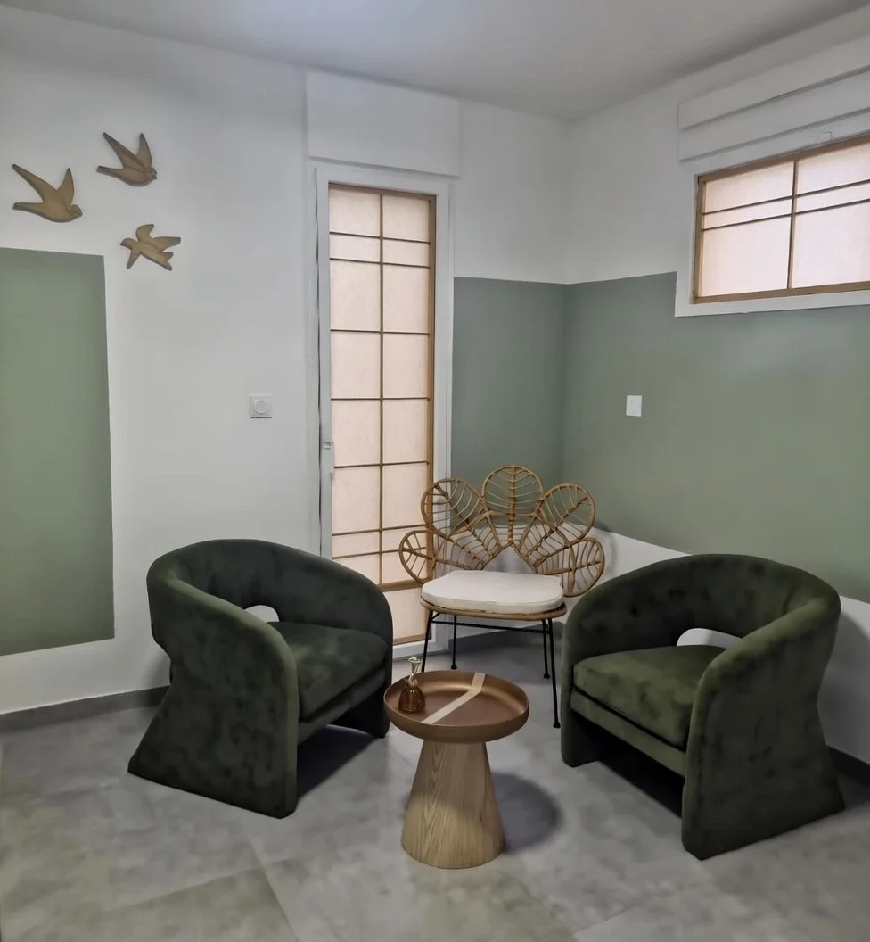 Une salle de séjour avec deux fauteuils verts, une petite table en bois avec un vase, un fauteuil en rotin avec coussin blanc, et trois décorations en forme d'oiseaux fixées au mur. Deux fenêtres recouvertes de stores en papier