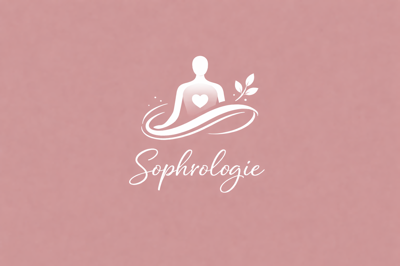 Logo avec une silhouette de femme, un cœur sur la poitrine, et des feuilles, avec le texte 'Sophrologie' écriture cursive, fond rose