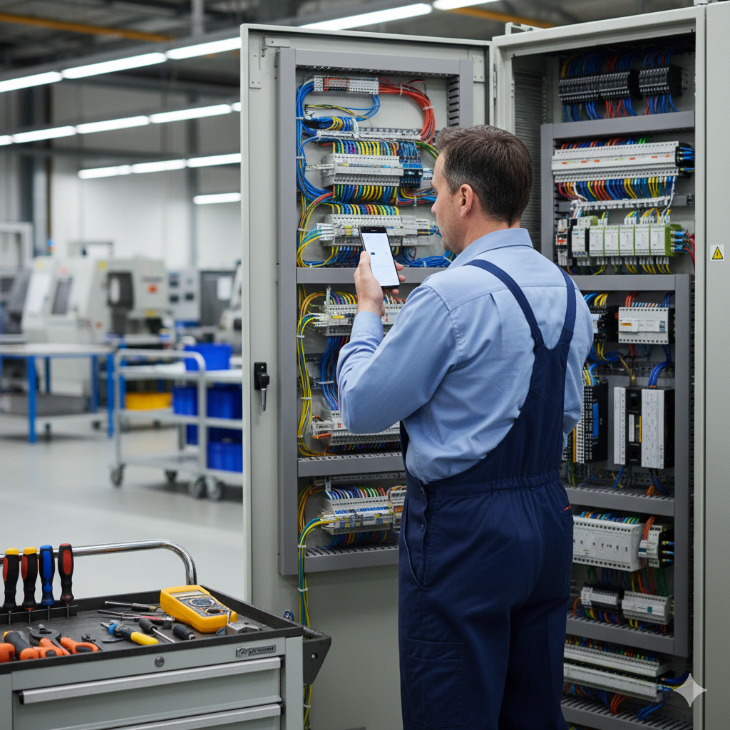Elektriker prüft Schaltschrank und Speech-to-Text-Funktion des KI-gestütztem CMMS zur digitalen Wartung & Instandhaltung in der industriellen Fertigung.