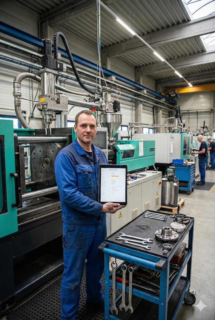 Monteur nutzt KI-gestütztes CMMS auf dem Tablet zur digitalen Wartung und Instandhaltung der Anlagen.