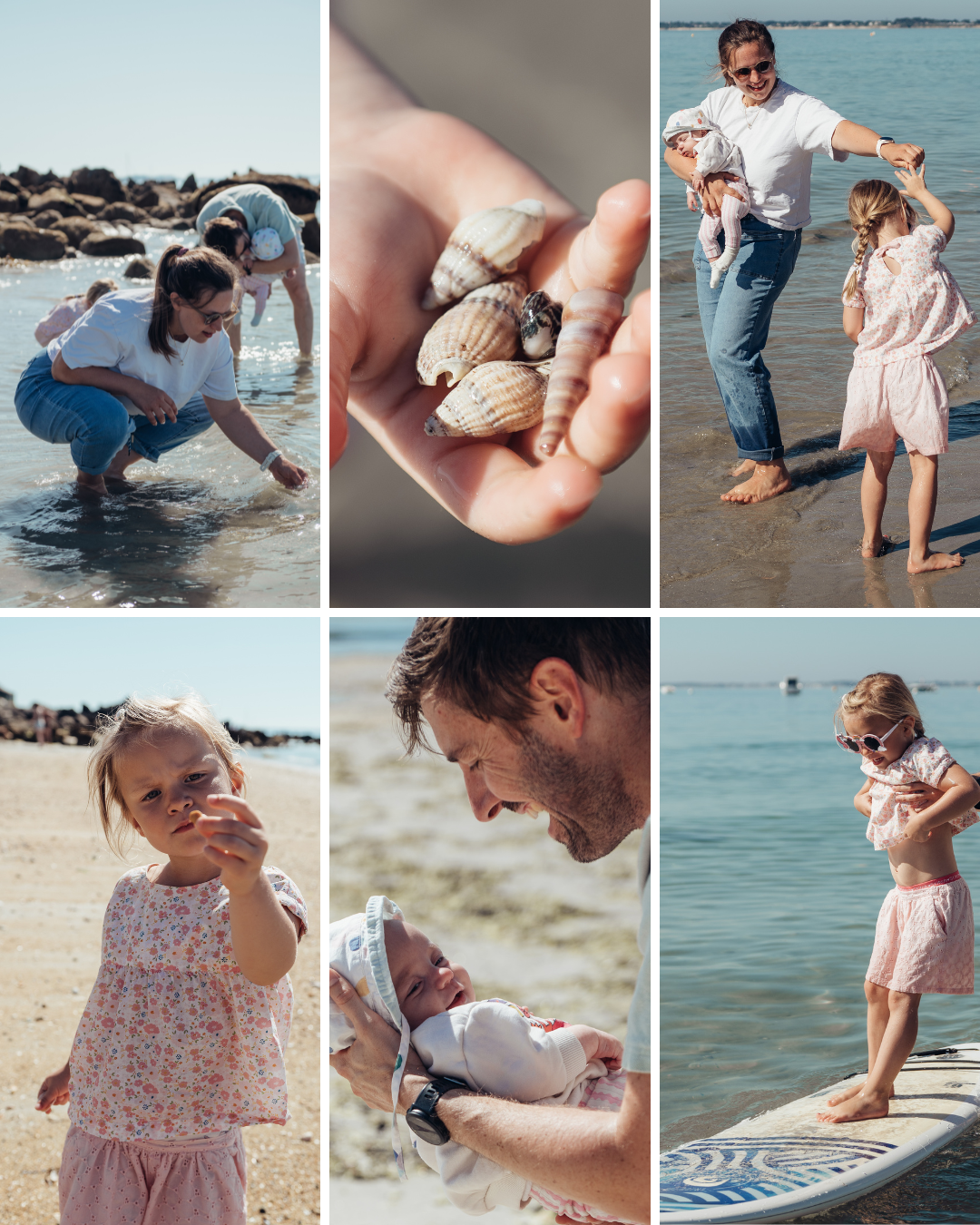 Famille à la plage, enfants et adultes, avec coquillages, activités de baignade, et détente près de l'eau.