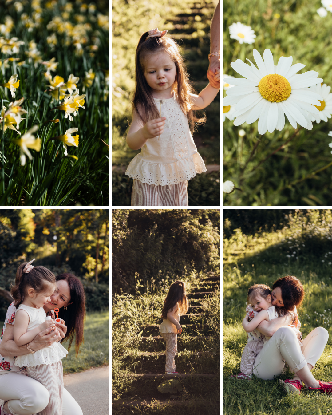 Une mère et sa fille jouent et se câlinent dans un parc ensoleillé, entourés de fleurs et de nature