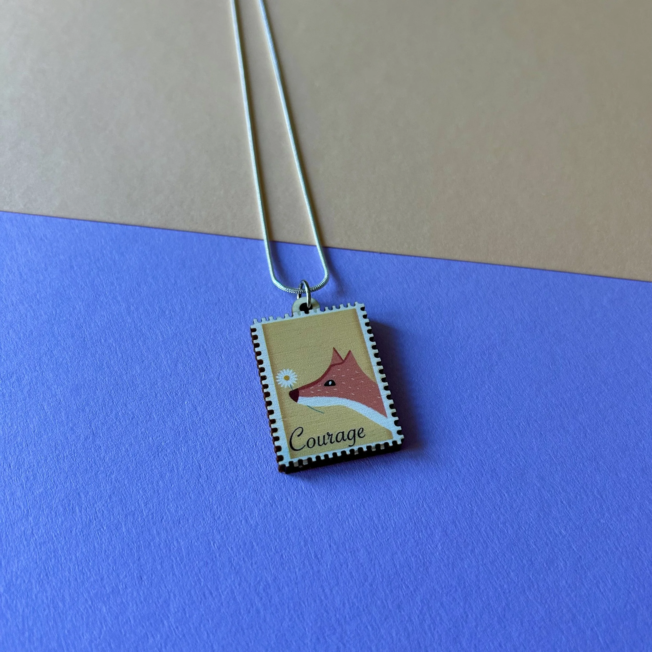 Courage Fox Wooden Stamp Charm Necklace