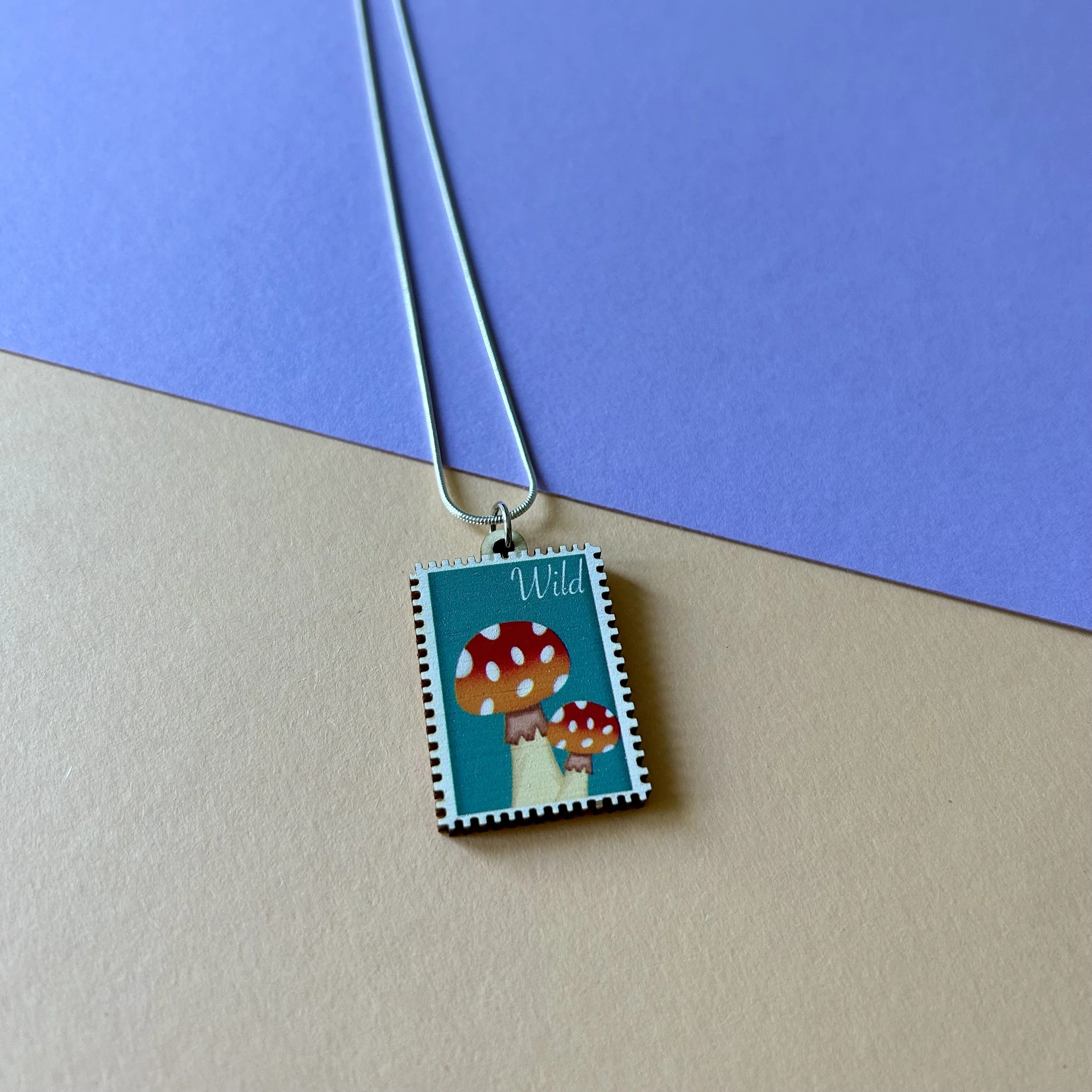 Wild Mushroom Wooden Stamp Charm Necklace