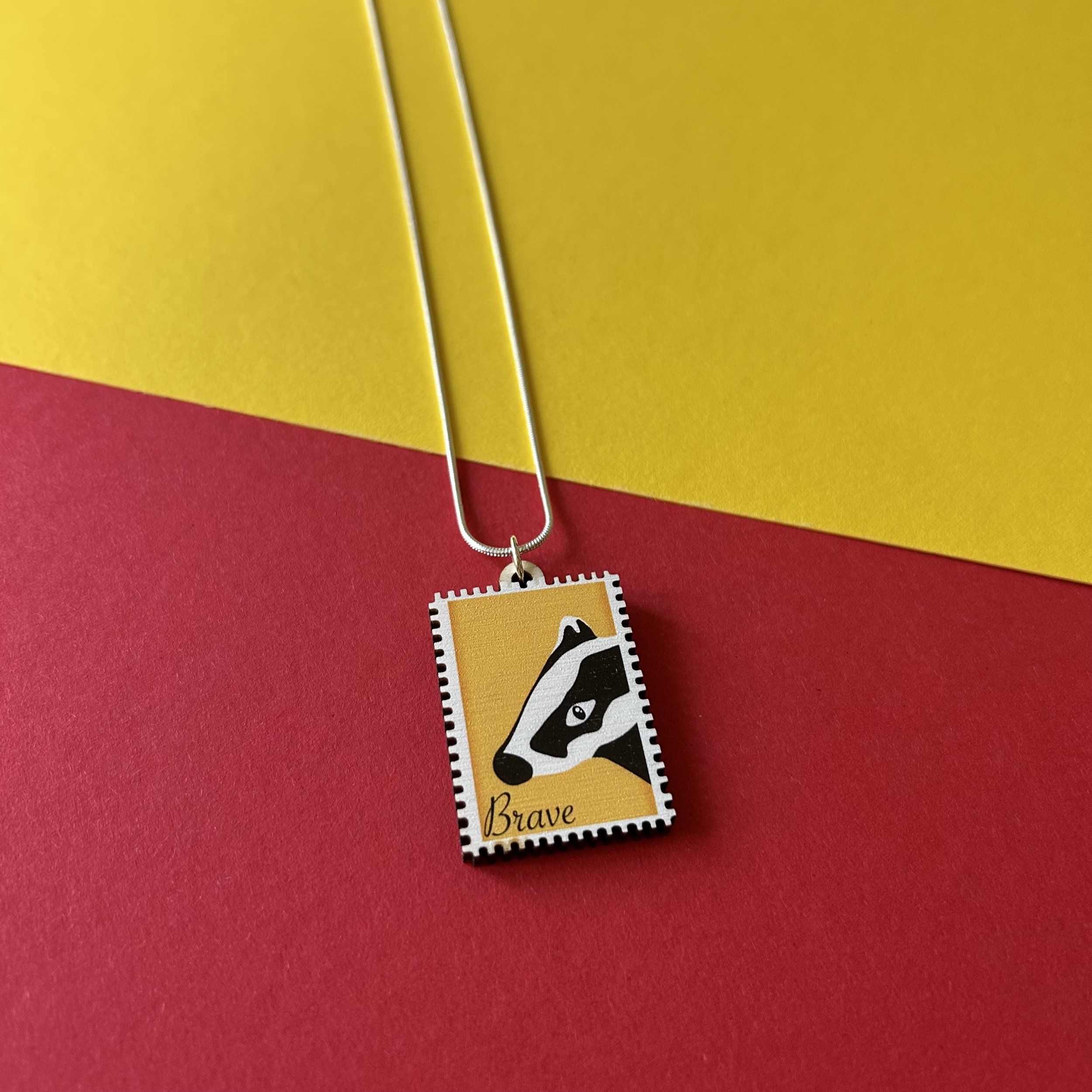 Brave Badger Wooden Stamp Charm Necklace