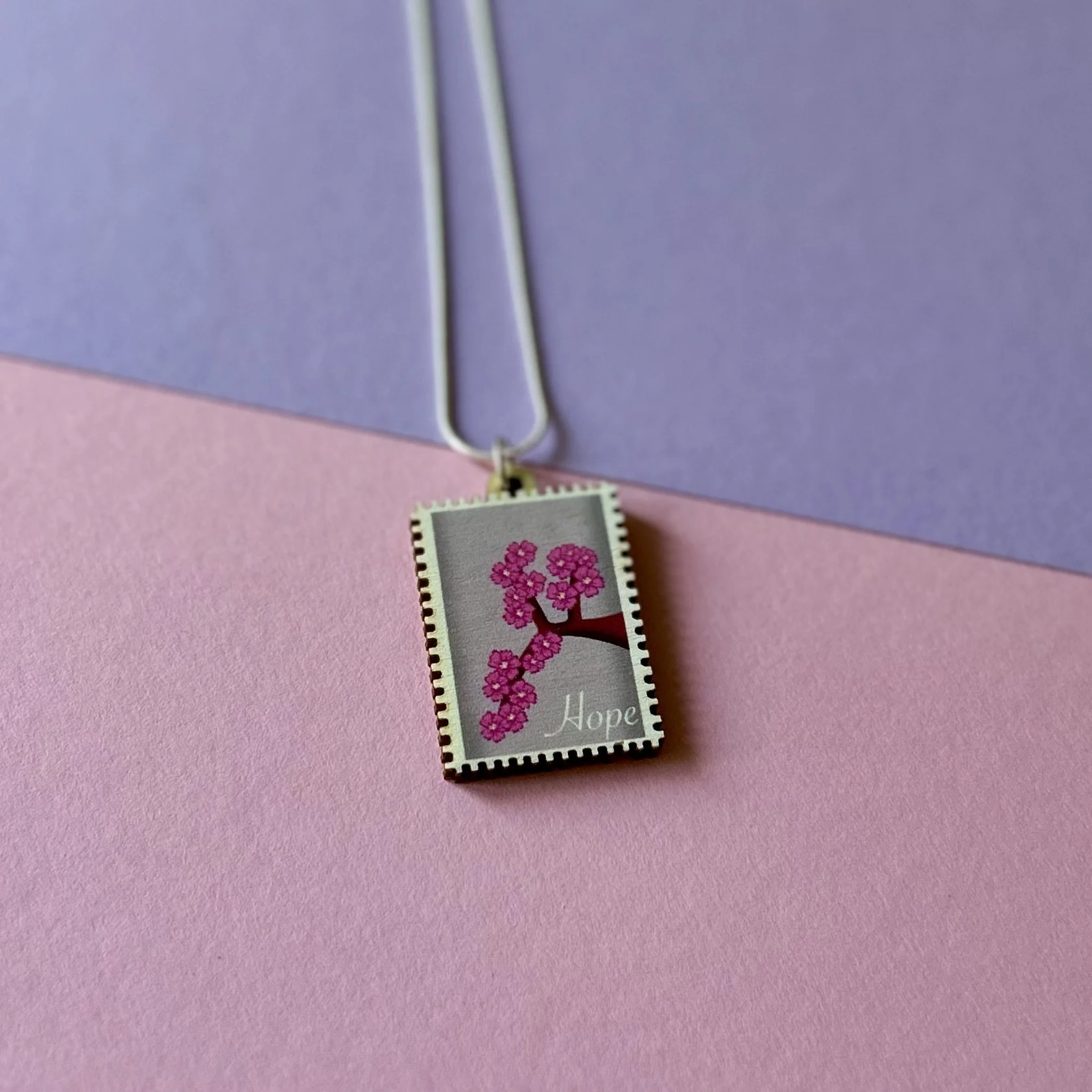 Hope Blossom Wooden Stamp Charm Necklace