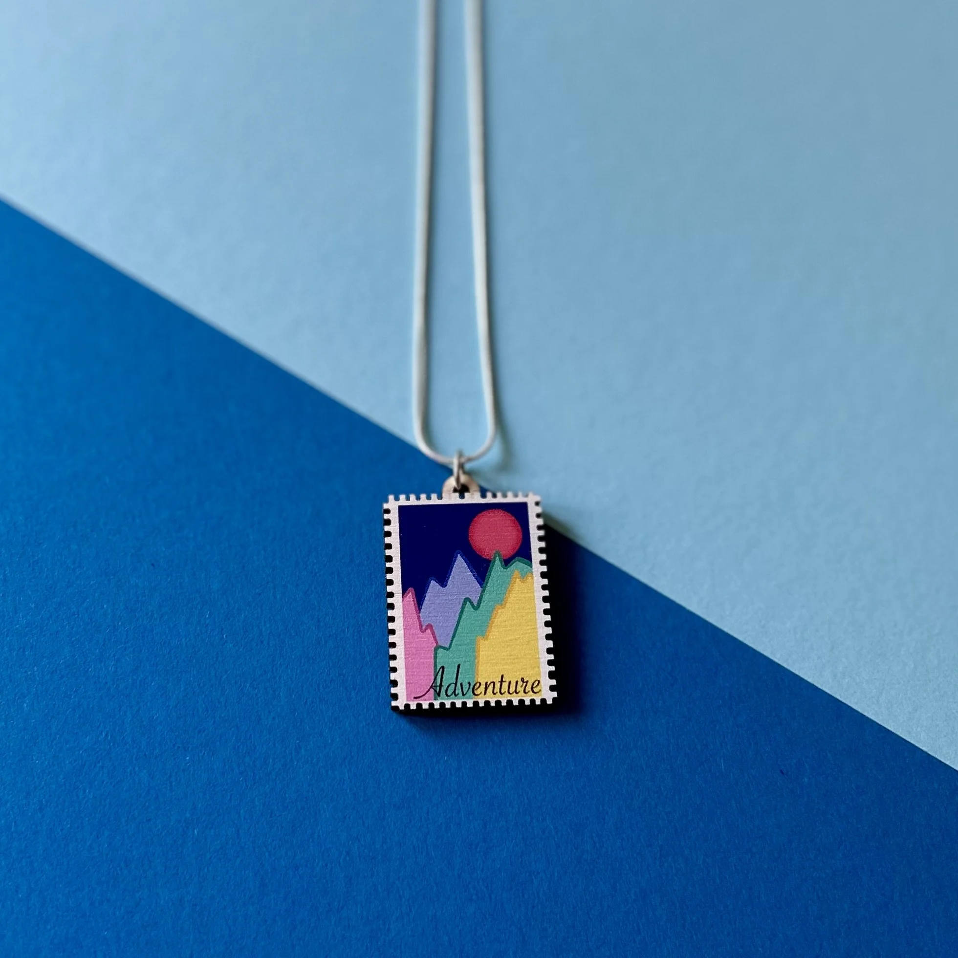 Adventure Mountain Wooden Stamp Charm Necklace