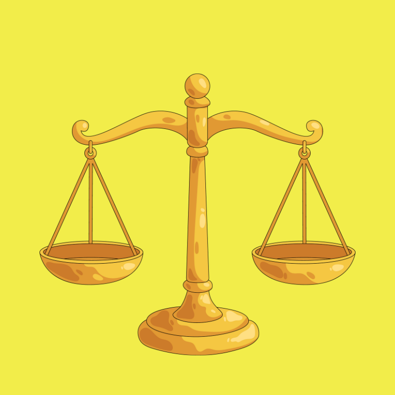 A cartoon illustration of a gold-colored balance scale with empty pans against a yellow background.