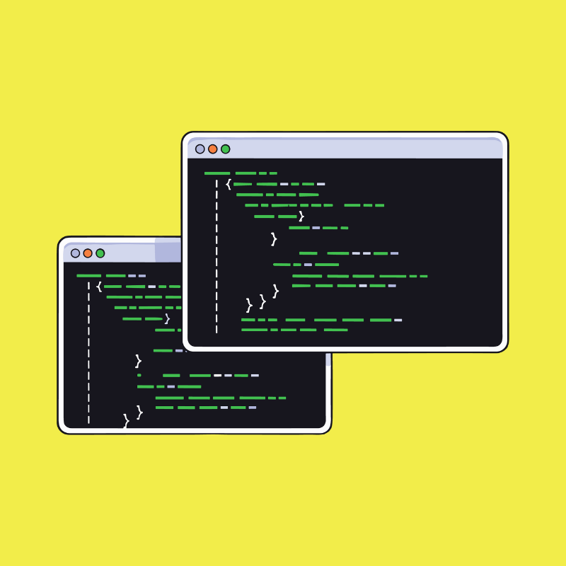Two computer screens displaying lines of green and gray computer code on a yellow background.