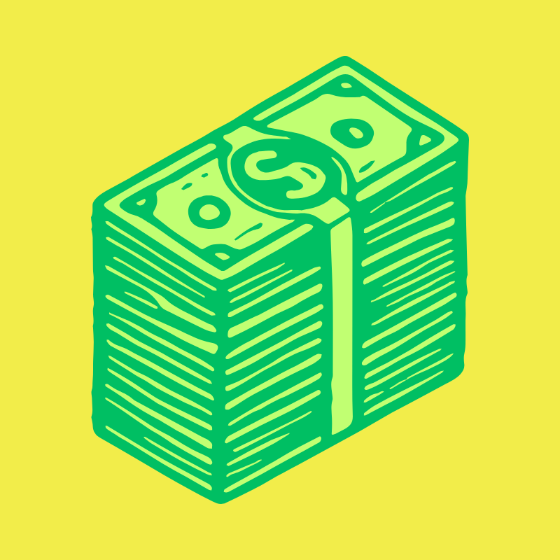 Illustration of a stack of dollar bills with a strip in the middle, set against a yellow background.