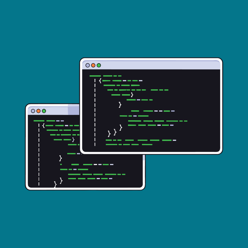 Two computer screens displaying lines of green and white code on a black background, with a dark teal background.