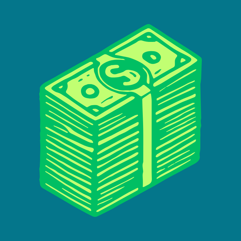 Illustration of a stack of dollar bills tied with a band.