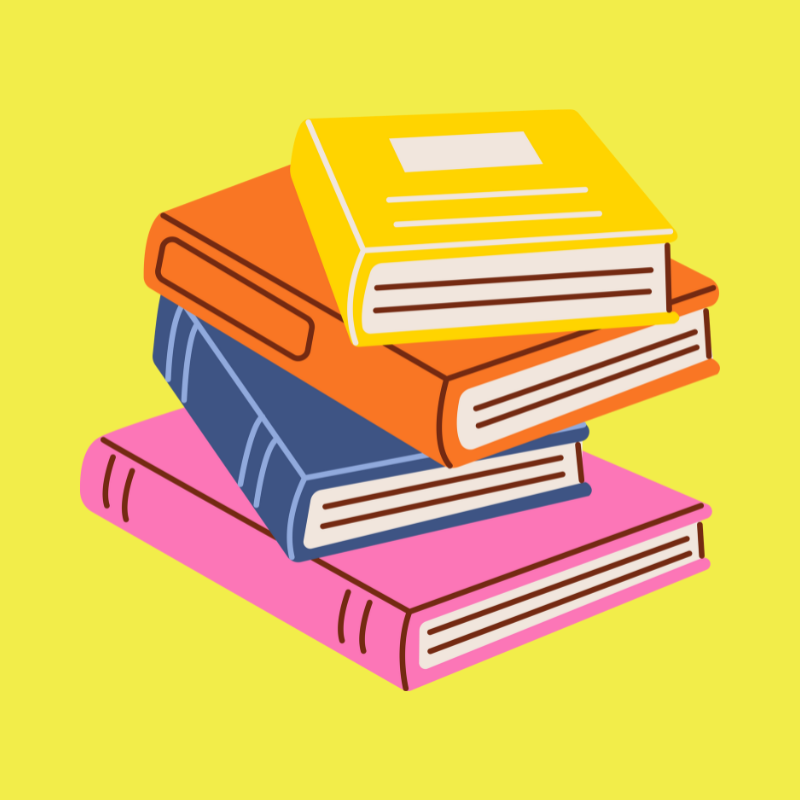 A stack of four colorful books in pink, blue, orange, and yellow, arranged on a bright yellow background.