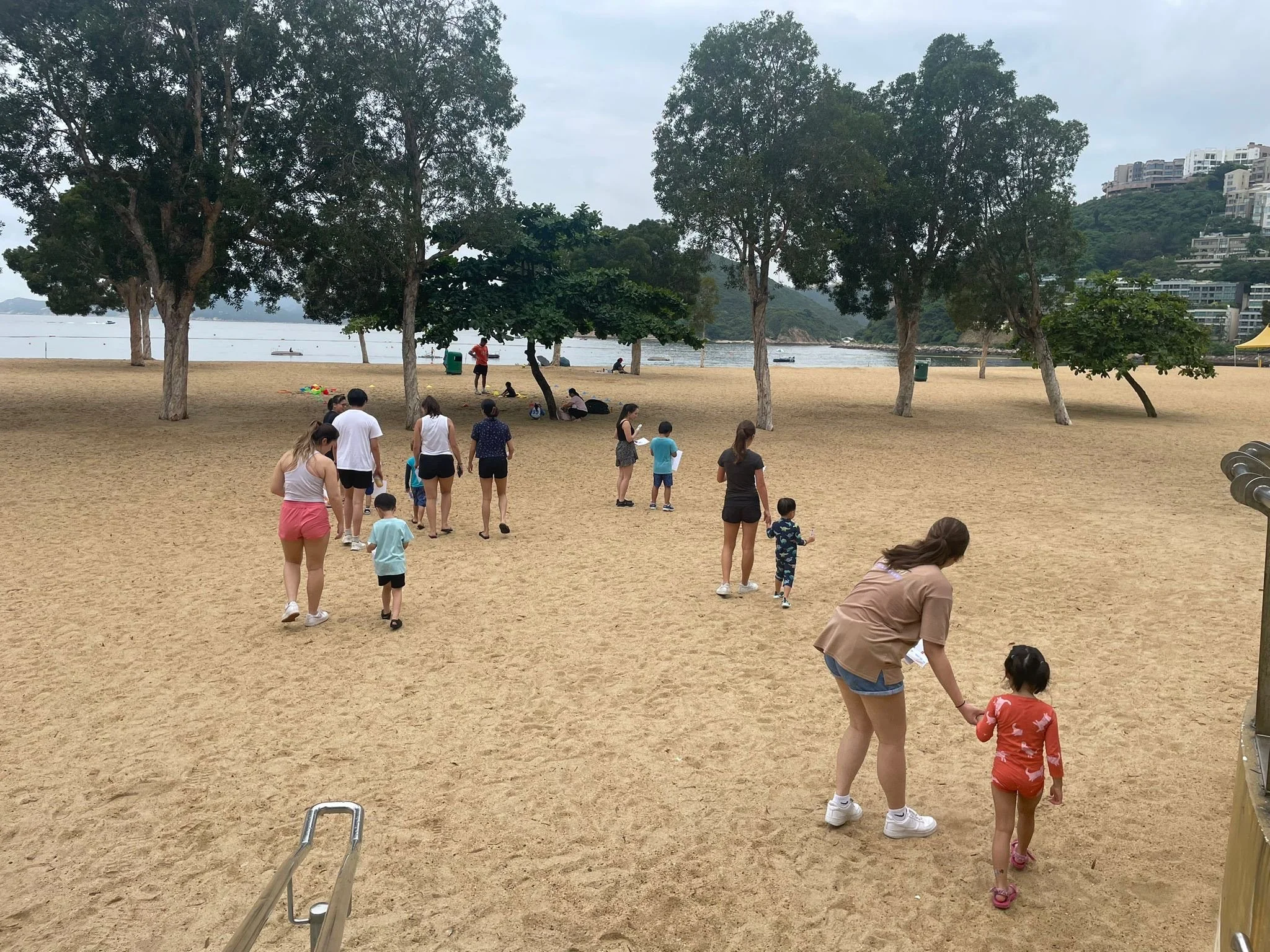 People walking in a line on a sandy beach near water with trees and hills and buildings in the background, overcast sky.