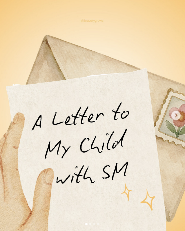 A drawing on an envelope and piece of paper that says "A letter to my child with SM". It is a snapshot from the Bravery Grow instagram account.