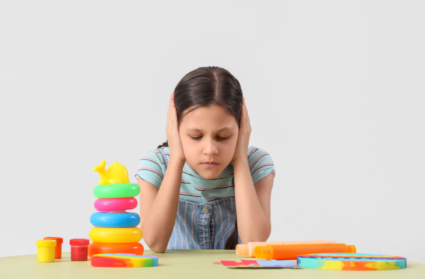 Child covering her ears and looks mildly distressed. She has toys in front of her on a table.