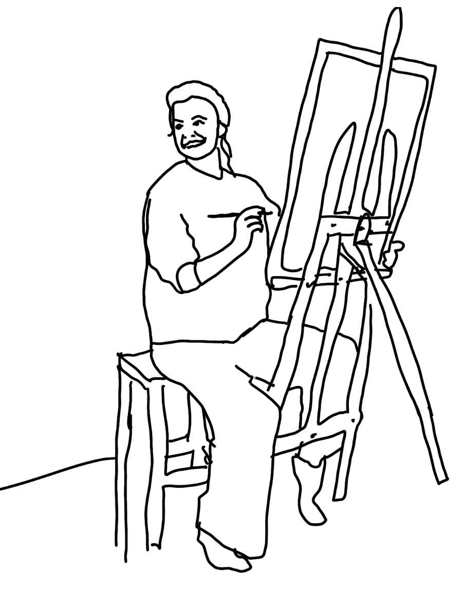 A woman sitting on a wooden stool and painting on an easel with a brush.