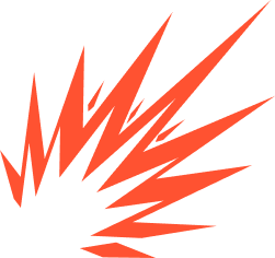 Red and black stylized explosion graphic with sharp, jagged rays radiating outward.