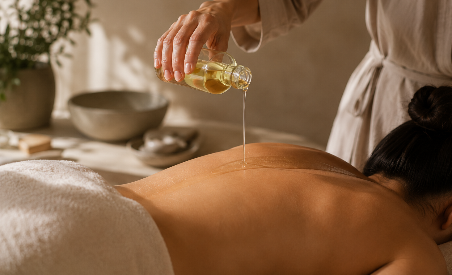 A person receiving a massage while essential oil is being poured onto their back.