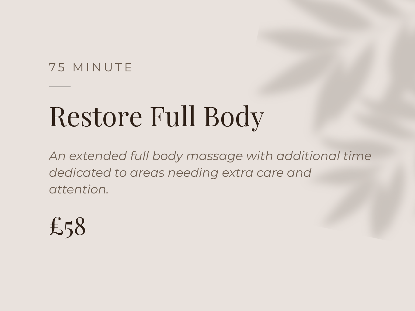 A promotional massage for a full body massage service priced at 58 pounds. Available at home in Cheshire - Crewe, Nantwich, Sandbach, Alsager and Stoke-on-Trent.