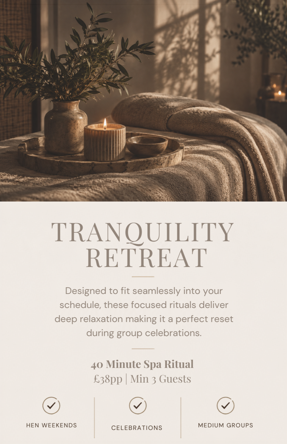Tranquility retreat spa treatments and massage at air bnb, holiday rental, weekend away in Cheshire - Crewe, Nantwich, Sandbach, Alsager and Stoke-on-Trent. Perfect for hen parties, birthdays and celebrations: luxury group spa packages.