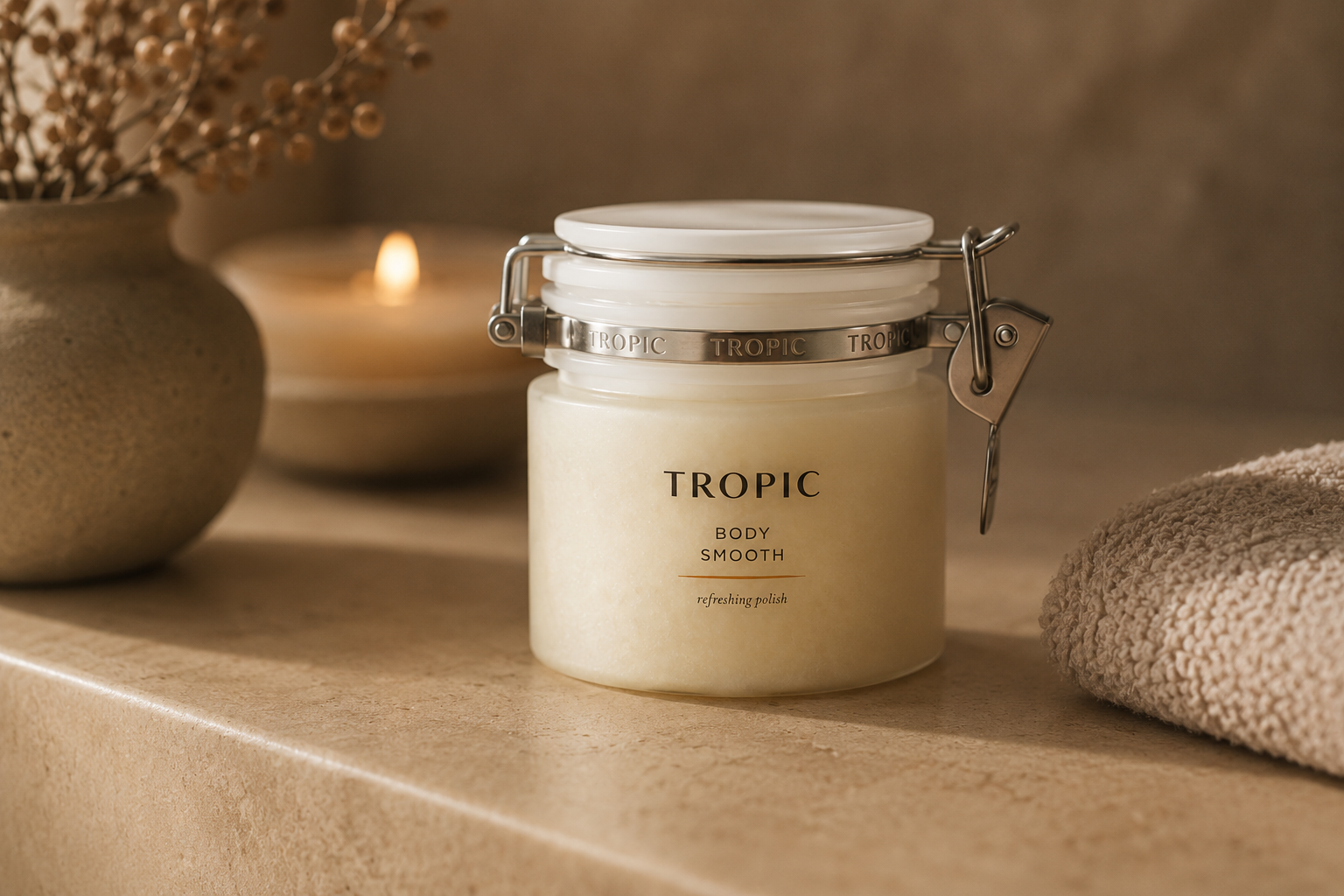 A jar of Tropic Body Smooth Refreshing Polish on a bathroom counter, with a beige towel, a lit candle, and a vase with dried flowers in the background.