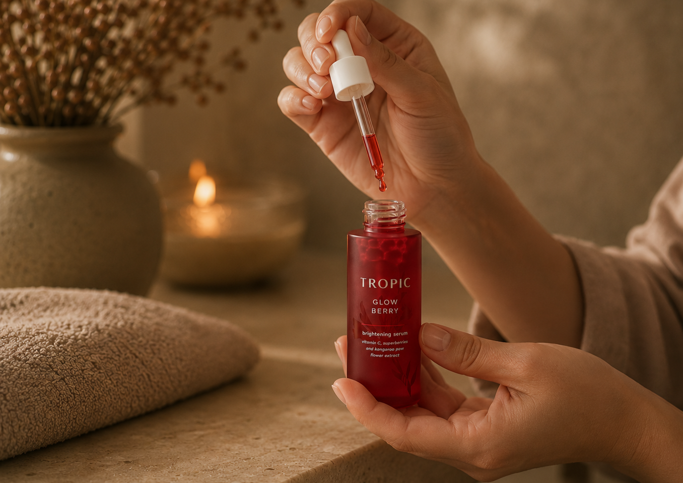 A person holds a red bottle labeled Tropic Glow Berry brightening serum and uses a dropper to dispense the serum into the bottle.