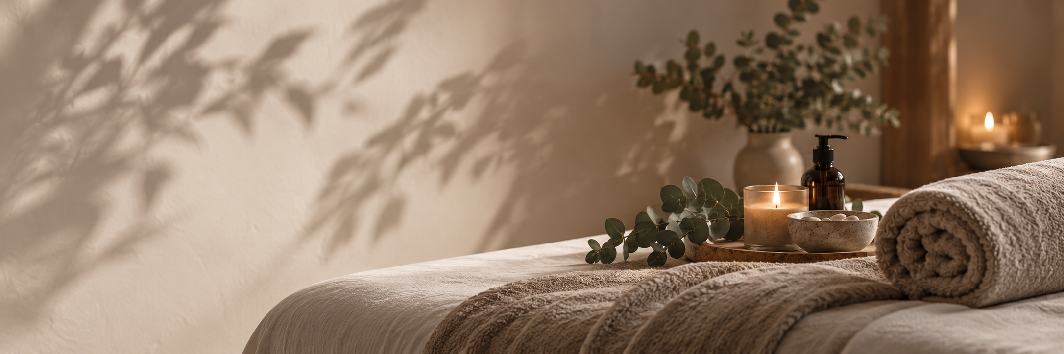 A cozy spa or massage room with a rolled towel, a lit candle, a bottle of lotion, and a bowl of stones on a massage table, with a vase of greenery and soft lighting creating a relaxing atmosphere.