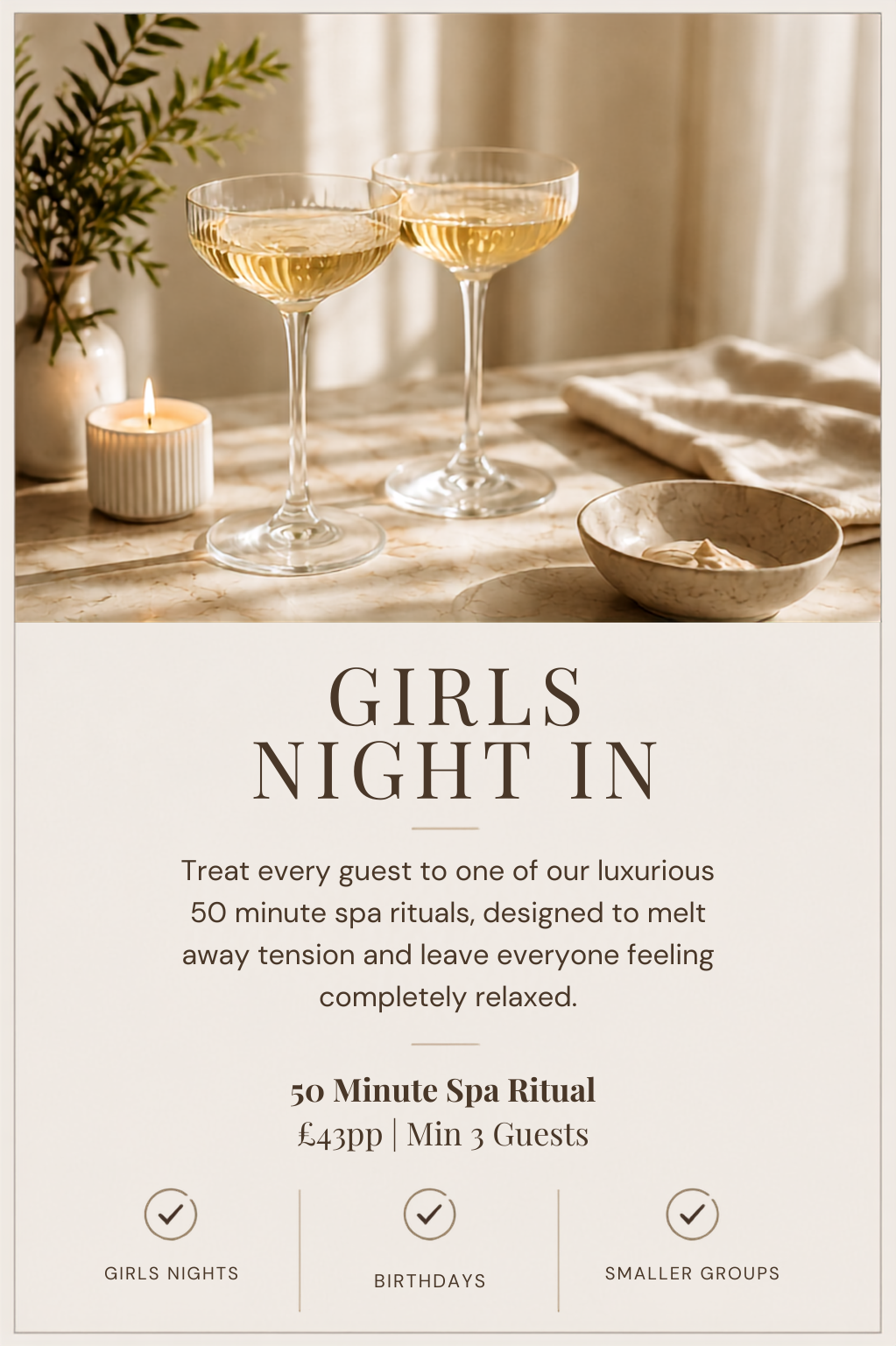 A spa promotional flyer displaying two champagne glasses, a lit candle, a bowl of cream, and a plant in a vase on a marble surface with a beige curtain background.