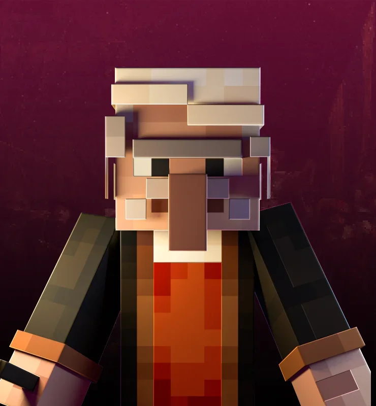 A pixel art-style sculpture of an elderly woman with glasses, gray hair, and a red shirt, set against a dark maroon background.