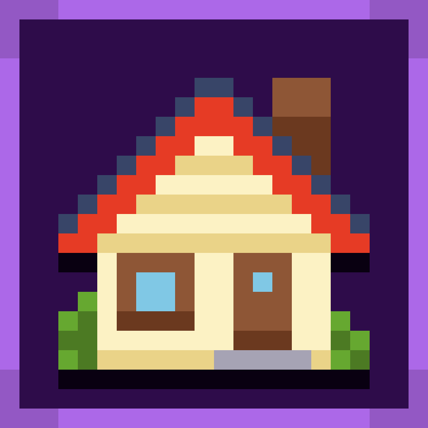 Pixel art house with a red roof, green bushes, and blue windows on a dark purple background.