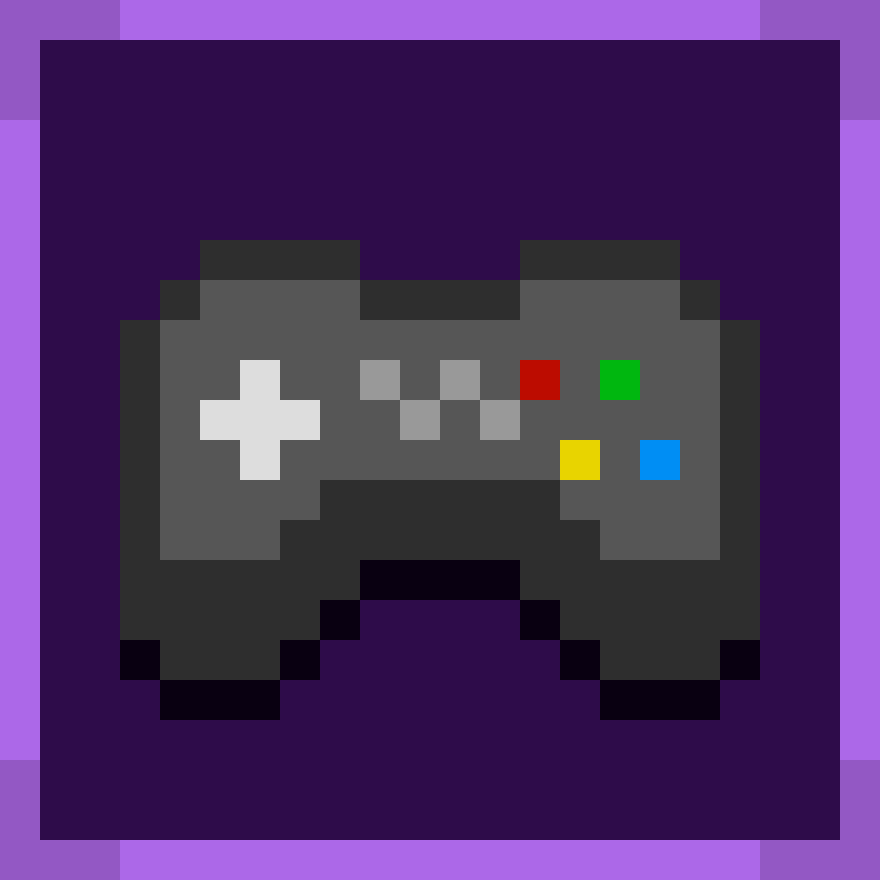 Pixelated gray video game controller with colorful buttons on a purple background.