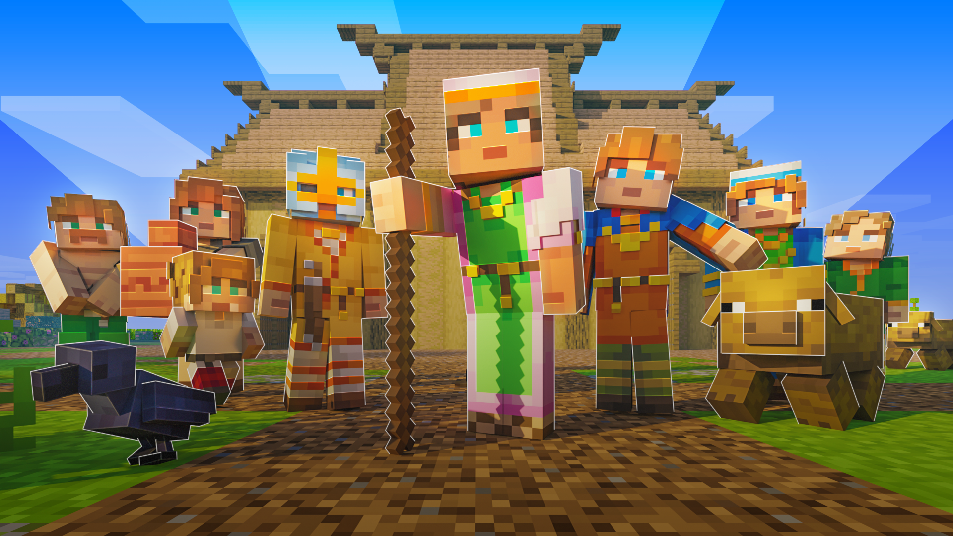 Minecraft characters standing in front of a wooden temple with a chicken and a cow nearby.