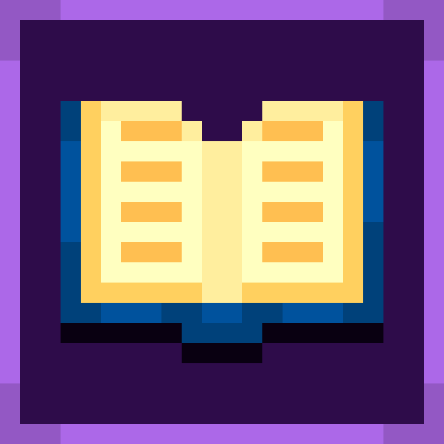 Pixel art illustration of an open book on a purple and black background.