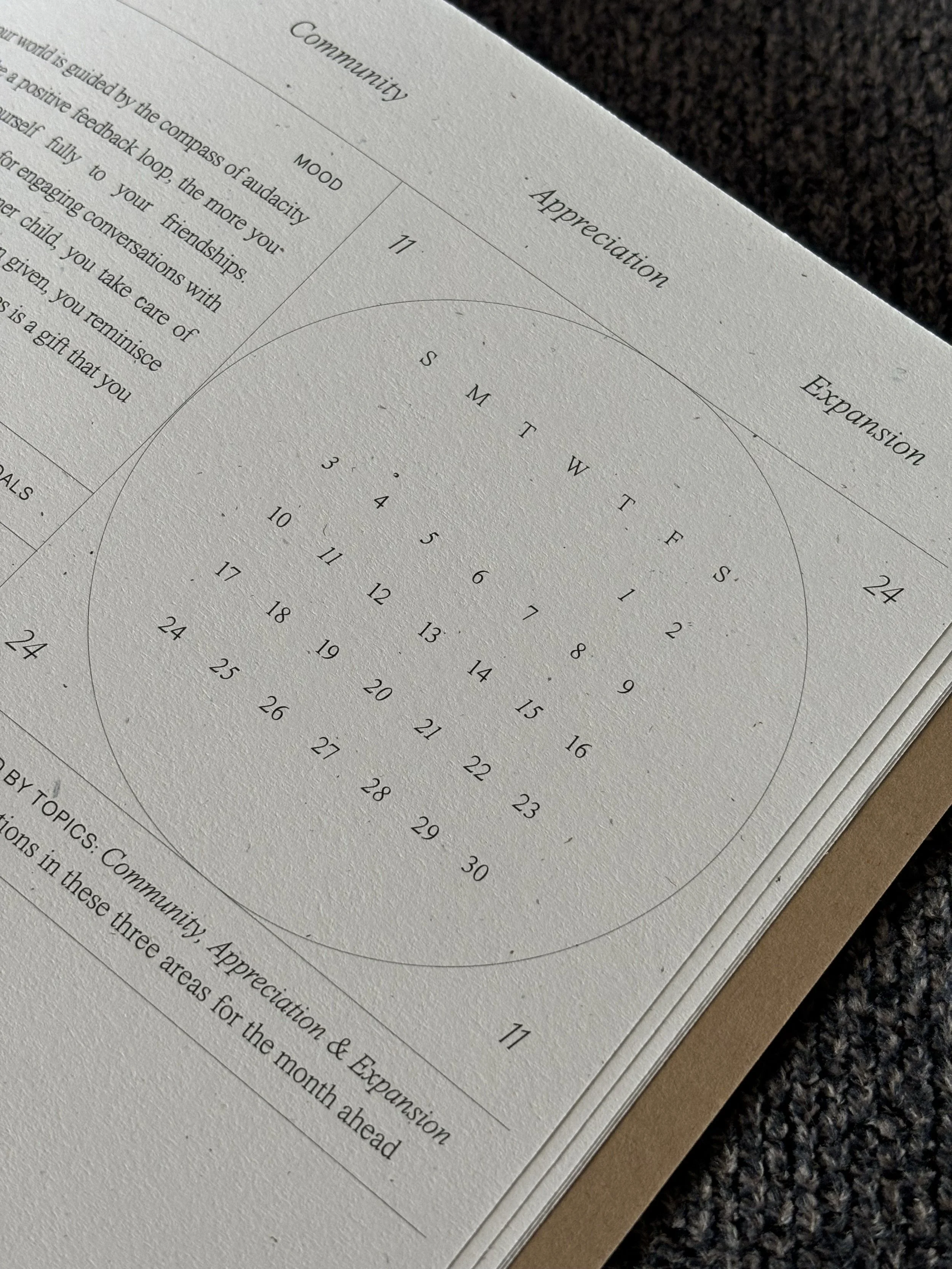 A printed calendar page showing the month of March with days from Sunday to Saturday, and other sections labeled 'Community,' 'Mood,' 'Appreciation,' and 'Expansion.'