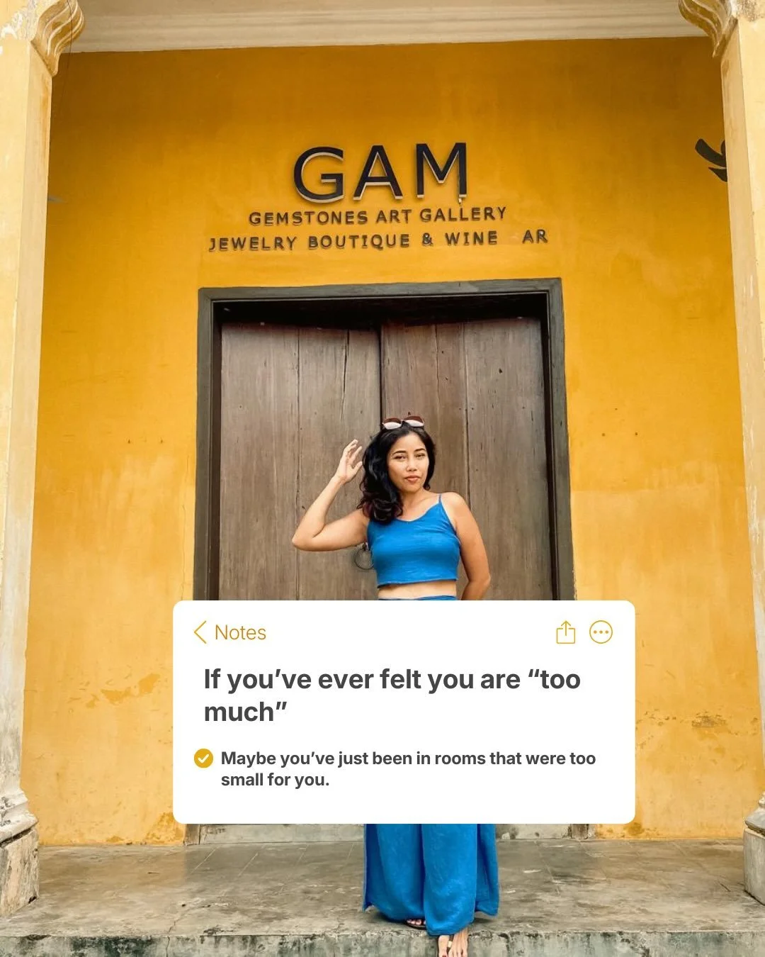 &ldquo;Too much&rdquo; was never a fact about you. 
The right people  don&rsquo;t need you smaller. 

They don&rsquo;t ask you to tone it down or take up less space. They pull up a chair, lean in. They stay.

You were never too much. You were just st