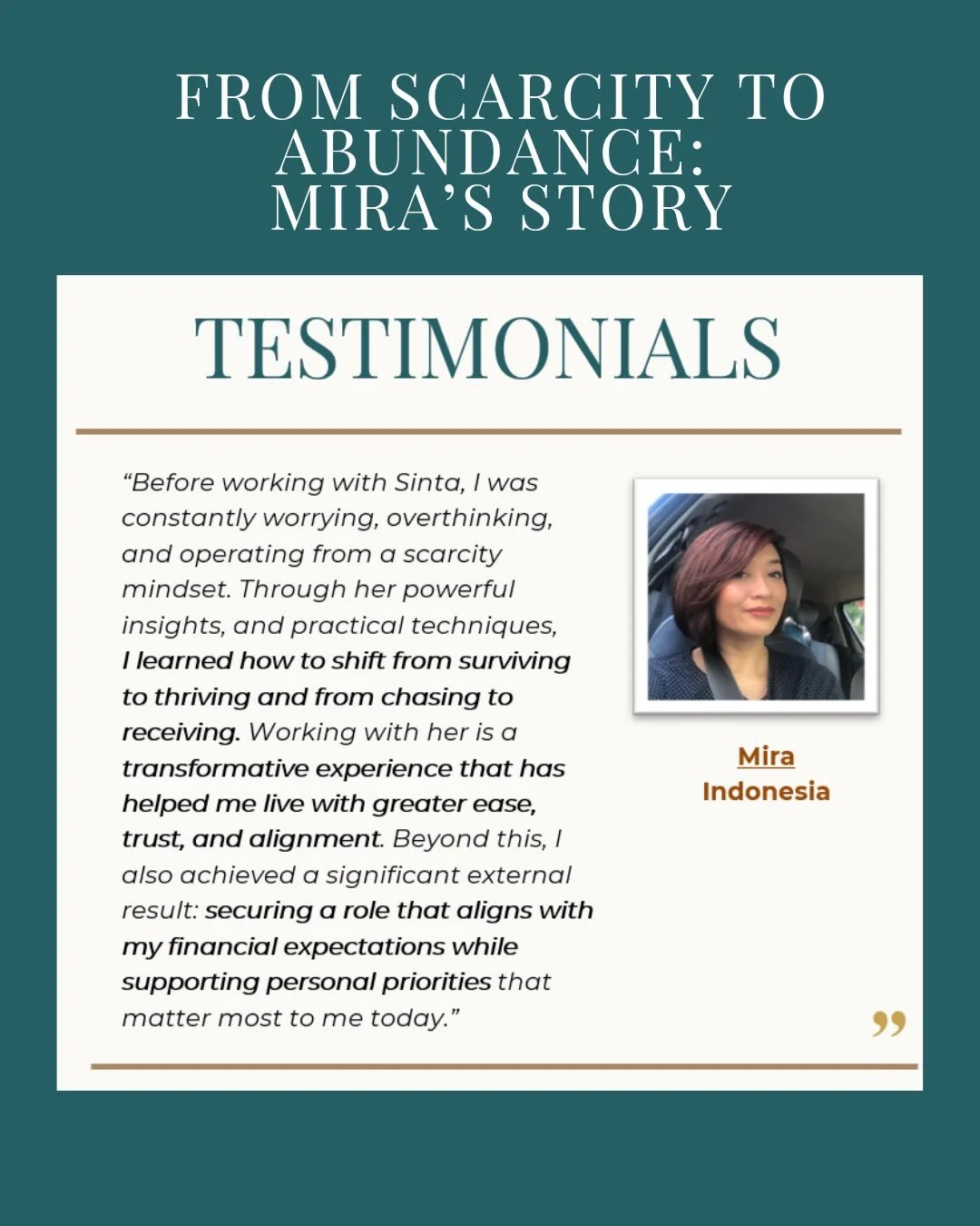 Testimonial Time 🧡

When Mira first came to me, money felt heavy. It was tied to conflict and beliefs shaped by her upbringing. Without realizing it, she had been operating from a scarcity mindset that kept her stuck in survival mode.

Manifestation