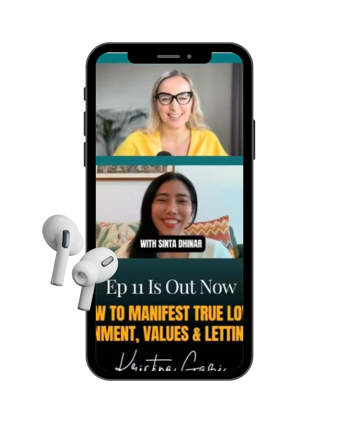 A phone screen showing a virtual interview with two women, one in a yellow top and the other with a pillow behind her, with a text banner about an episode release and a title about manifesting true love.