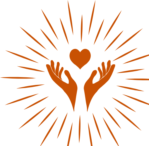 Two brown hands reaching up towards a heart with radiating lines around it.