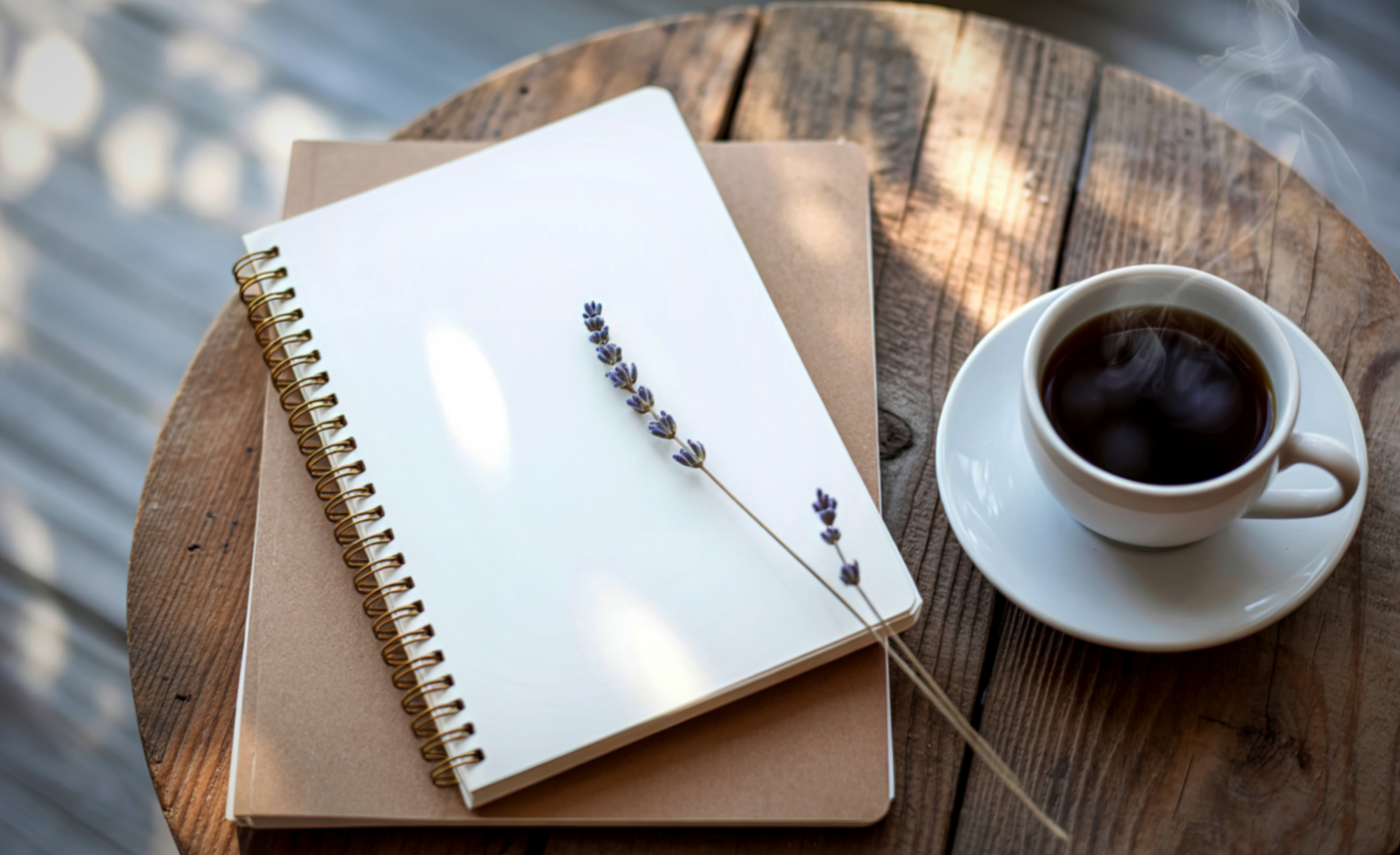 A round wooden table holding a white spiral notebook with a lavender sprig on top, a closed brown notebook underneath, and a cup of black coffee on a saucer.