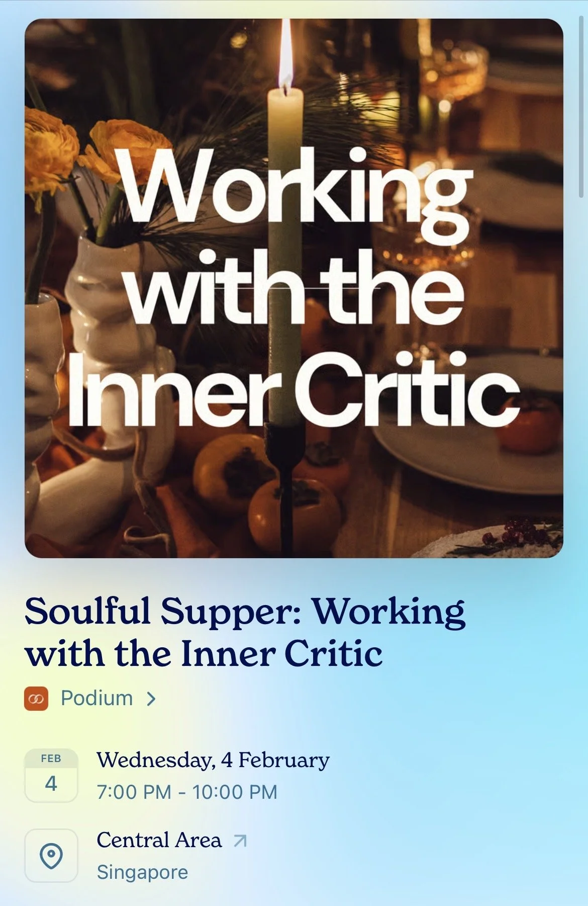 A promotional image for an event titled "Soulful Supper: Working with the Inner Critic," showing a close-up of a table with a lit candle, yellow flowers, and dinnerware, with event details such as date, time, and location.