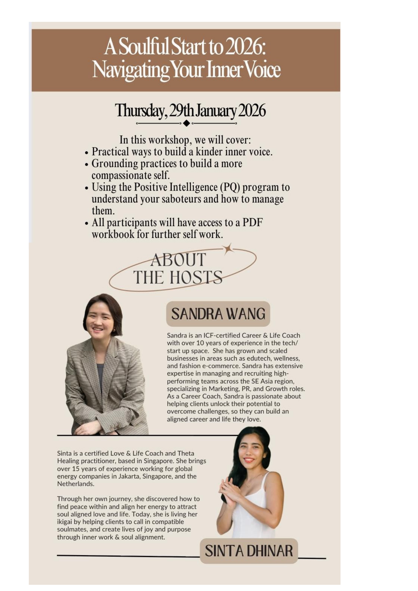 Flyer for a workshop titled "A Soulful Start to 2026: Navigating Your Inner Voice" scheduled for January 29, 2026. The flyer features two images of women, Sandra Wang and Sinta Dinar, with descriptions of their backgrounds and roles as workshop hosts. The flyer includes details about the workshop topics, date, and access to a PDF workbook for participants.