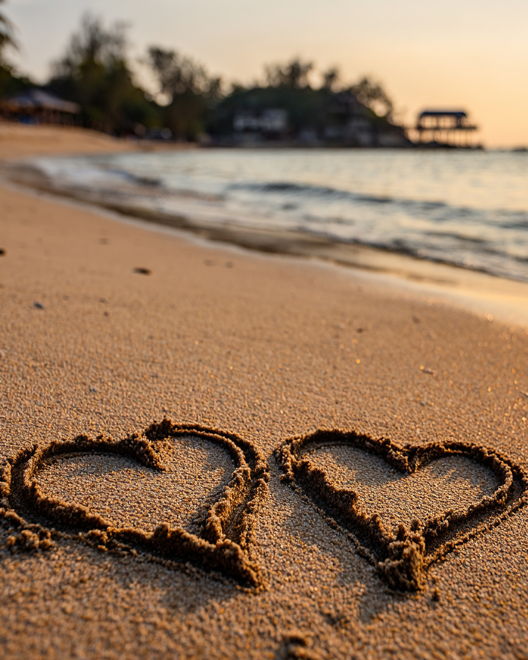 Two hearts drawn in the sand on a beach at sunset, with the ocean and buildings in the background.