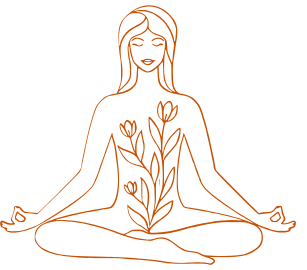 Line drawing of a woman sitting in a lotus pose with flowers growing from her torso, her hands in a meditative mudra.