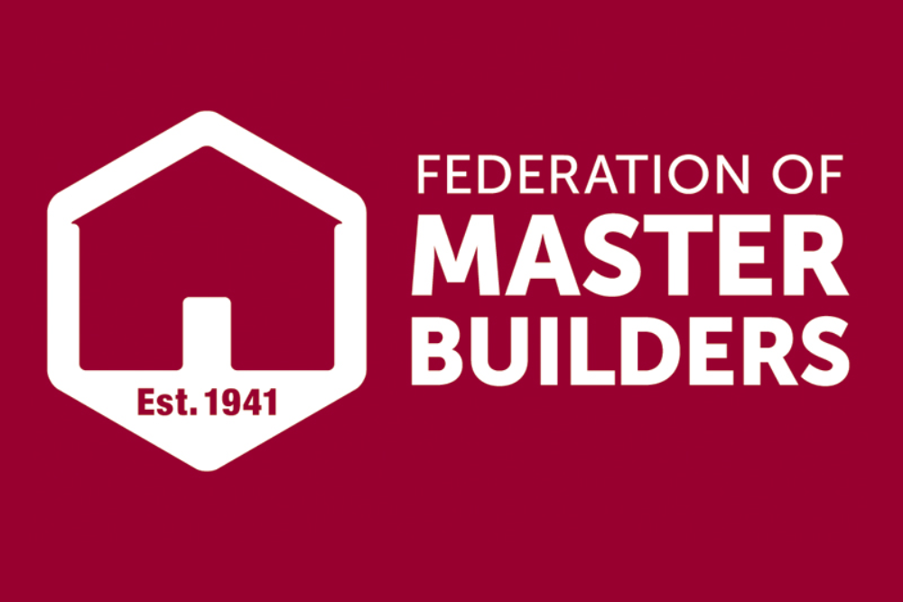 Logo with a house icon and text that reads "Federation of Master Builders, Est. 1941" on a maroon background.