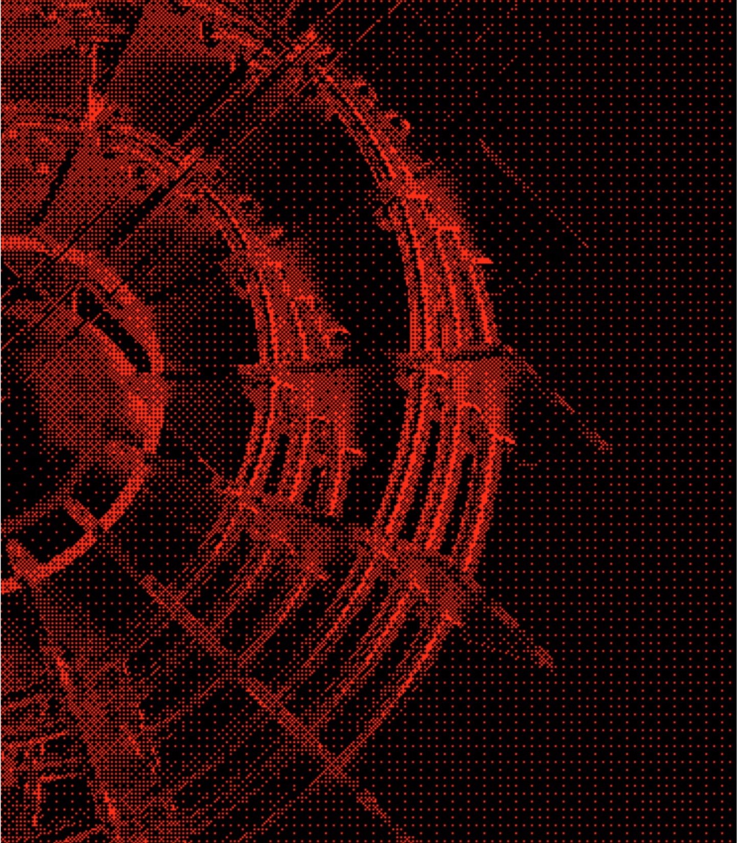An representation of a quantum computer against a dark background, depicted in a dot matrix style with red dots.